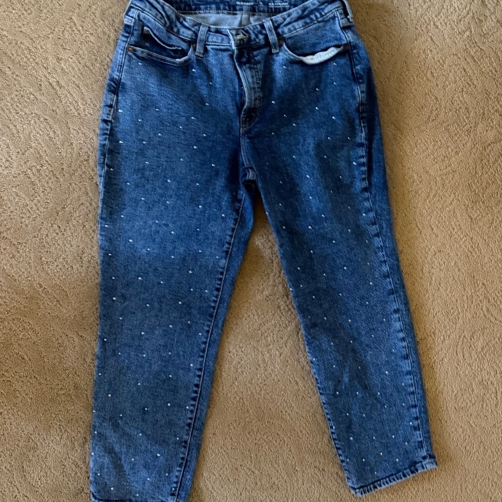 Old Navy High Waist OG Straight Rhinestone Embellished Ankle Jeans Size 12 P - Picture 3 of 9